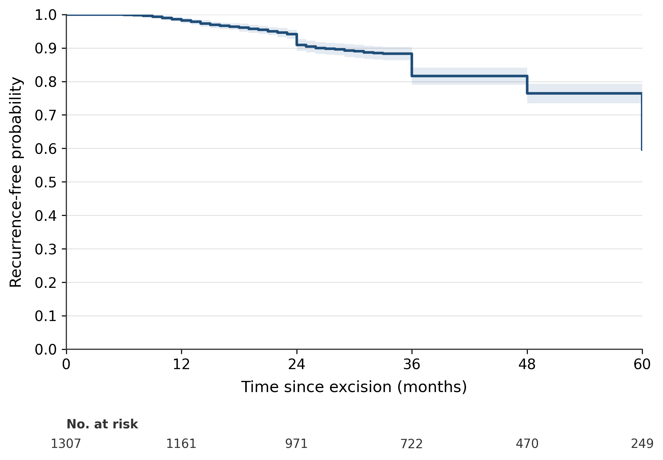 Figure 2. Kaplan–Meier estimate of recurrence-free probability over 60 months of follow-up. The shaded area represents the 95% confidence interval. Patients without recurrence were censored at their last documented follow-up. Numbers at risk are shown beneath the x-axis.