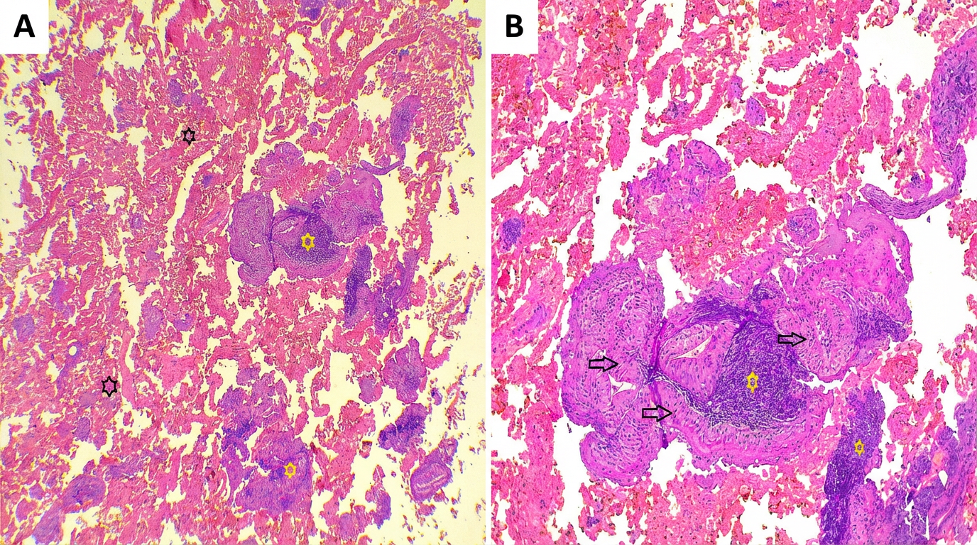 Figure 2. Cytological features of a parotid gland mass. (A) Low-power view (Hematoxylin and Eosin, ×4) showing hemorrhagic material (dark stars) admixed with cellular elements (yellow stars). (B) Higher-power view of the same area (Hematoxylin and Eosin, ×10) demonstrating bland-appearing oncocytic epithelial cell layers (dark arrows) with underlying mature lymphoid cell aggregation (yellow stars). These cytomorphological features are consistent with warthin tumor of the parotid gland.