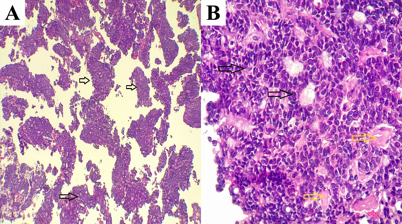 Figure 3. Cytological features of adenoid cystic carcinoma of the parotid gland. (A) Low-power view (Hematoxylin and Eosin, ×4) showing a cellular aspirate composed of basaloid cells arranged in a prominent cribriform growth pattern (dark arrows). (B) High-power view of the same area (Hematoxylin and Eosin, ×10) demonstrating basaloid cells forming cribriform structures (dark arrows) with associated basement membrane–like eosinophilic material (yellow arrows).